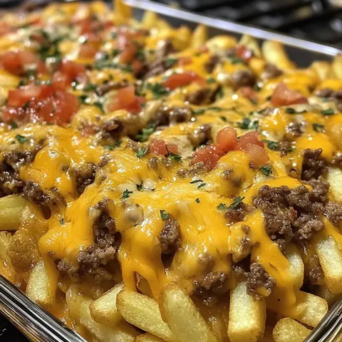 A dish of cheese and tomato covered fries.