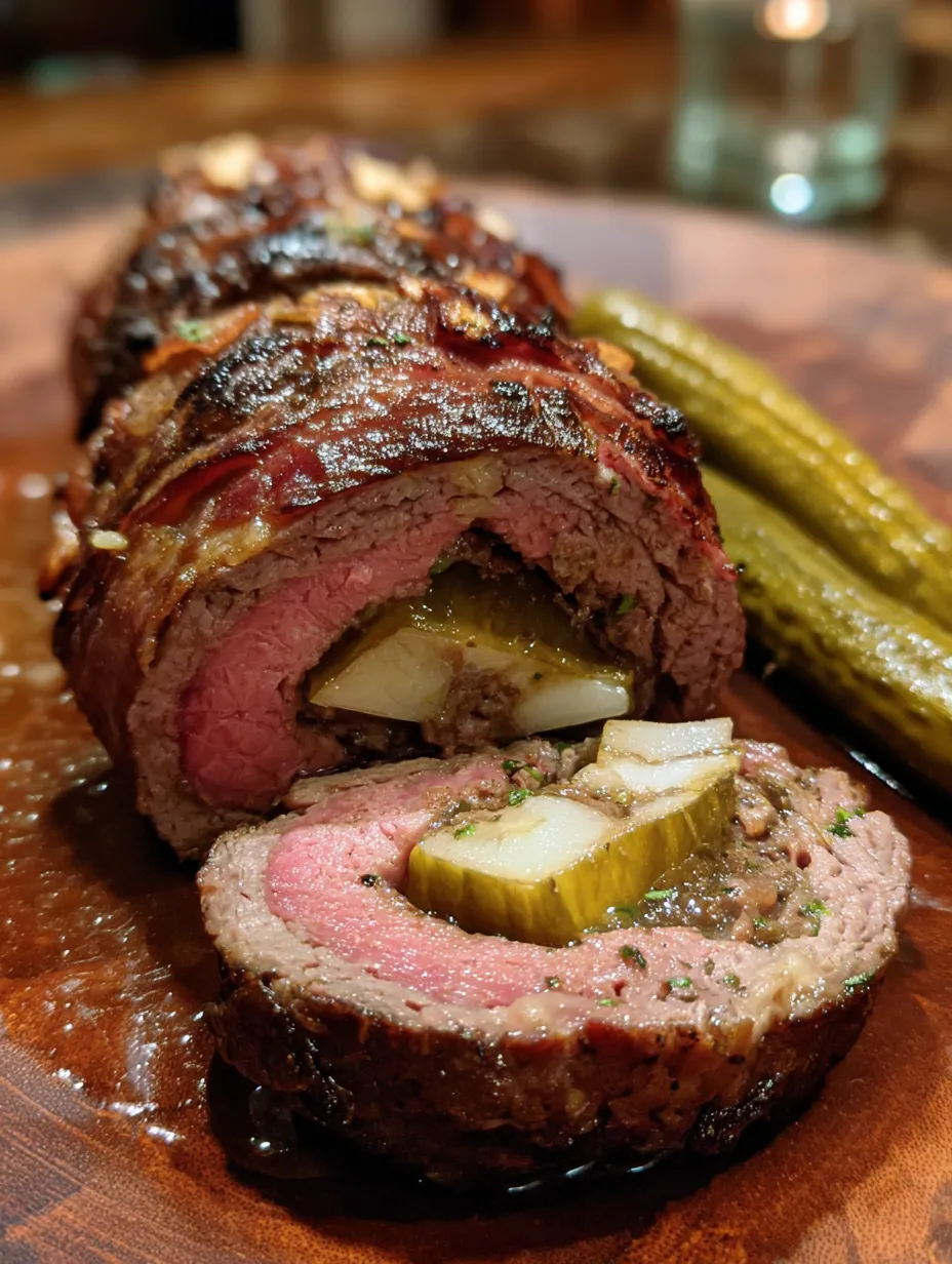 A meat roll with pickles on a plate.