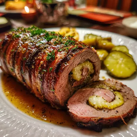 A plate of food with a meat roll and pickles.