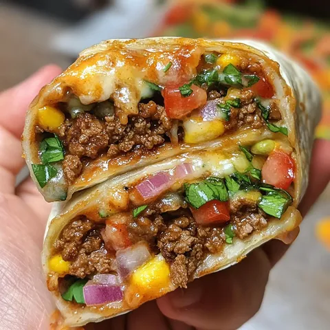 A hand holding a burrito with meat and vegetables.