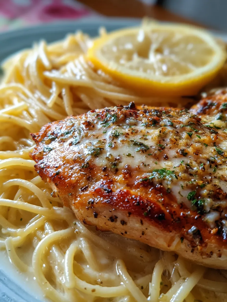 A plate of pasta with a piece of chicken on top.