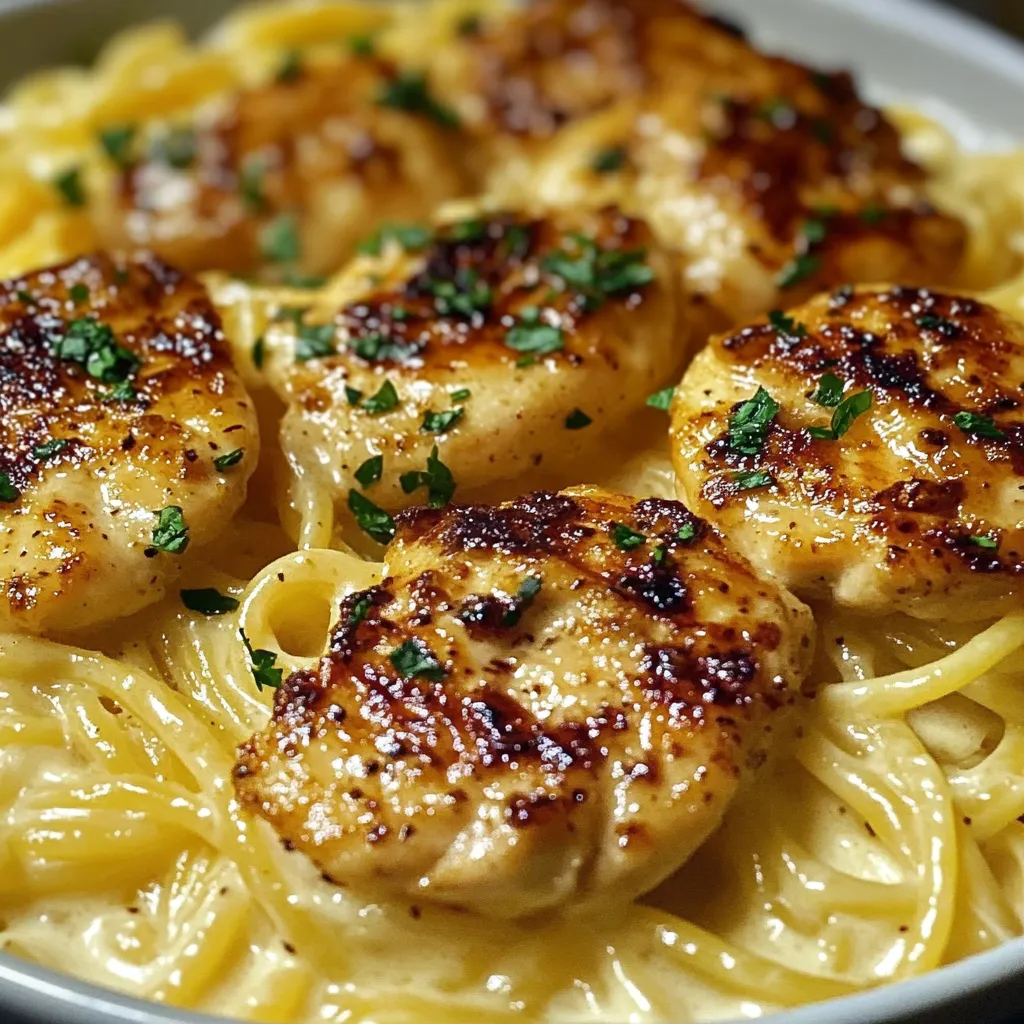 A bowl of pasta with chicken and herbs.