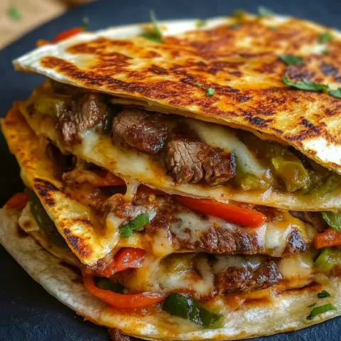 A stack of three burritos with meat and peppers.