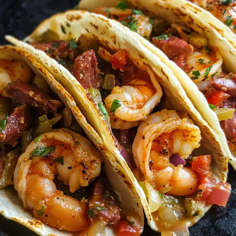 Two shrimp tacos with meat and vegetables.