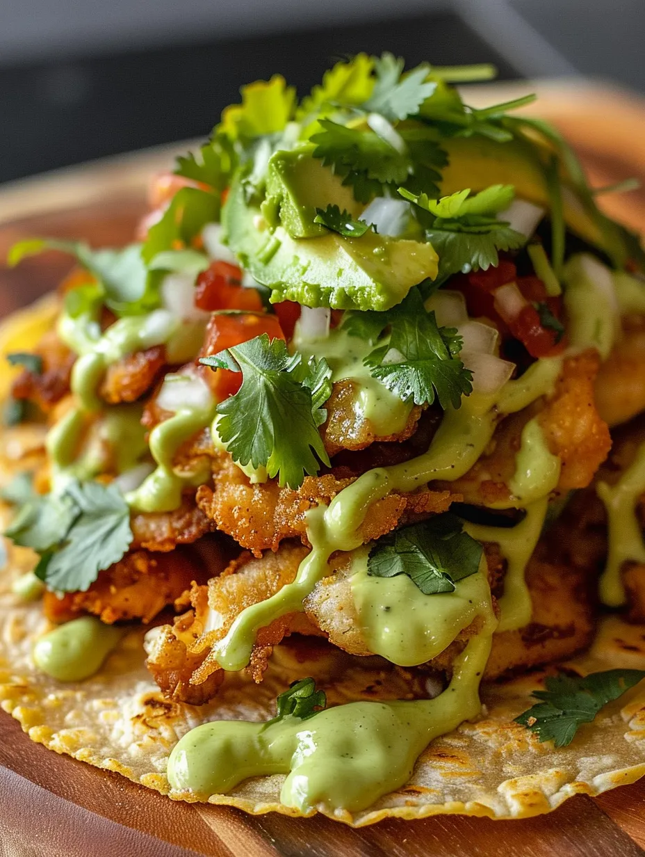 A stack of fish tacos with avocado and sour cream.