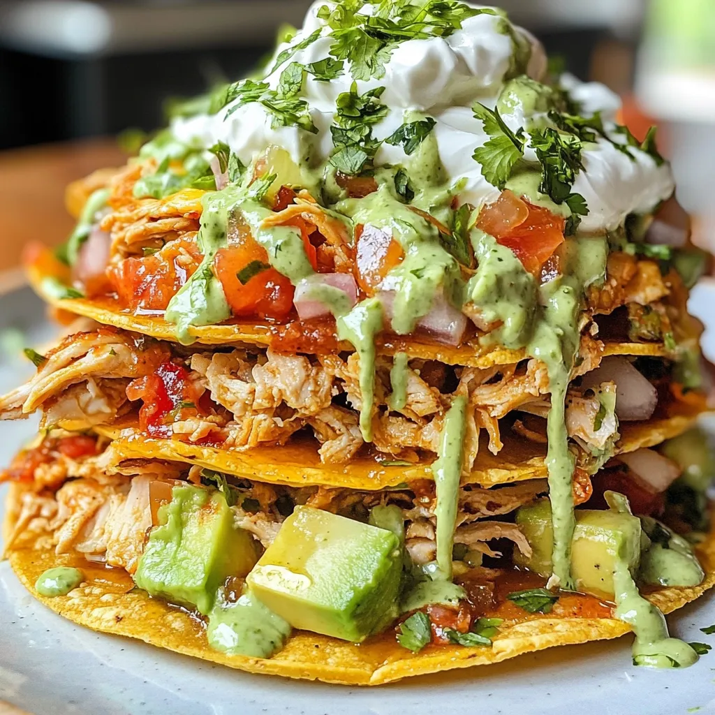 A stack of tacos with guacamole and sour cream on top.
