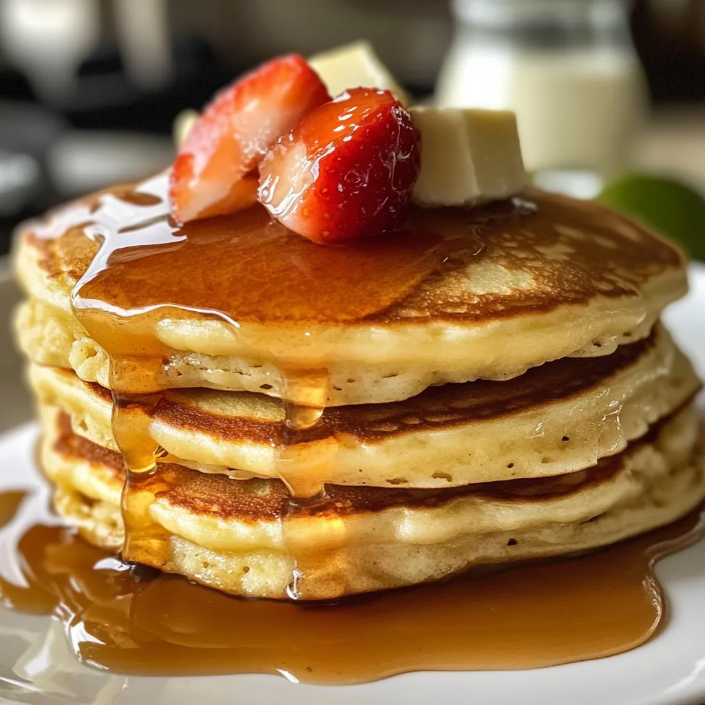 A stack of pancakes with syrup and strawberries on top.