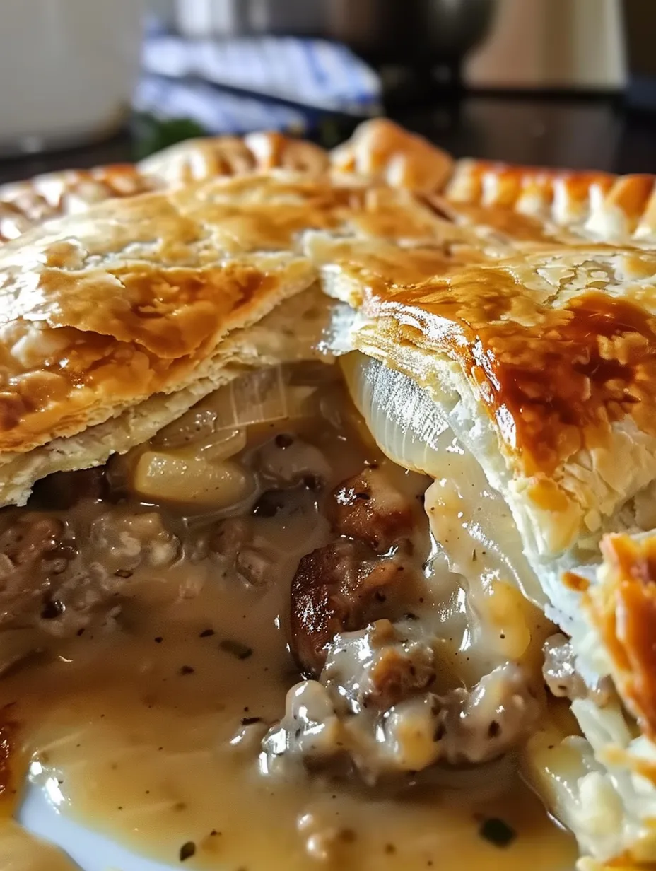 A slice of meat pie with onions.