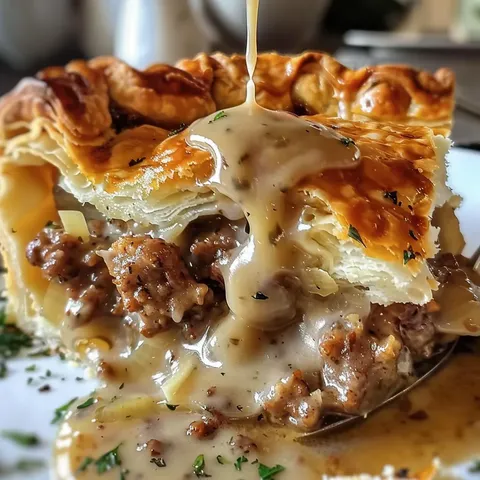 A piece of pie with sauce on it.