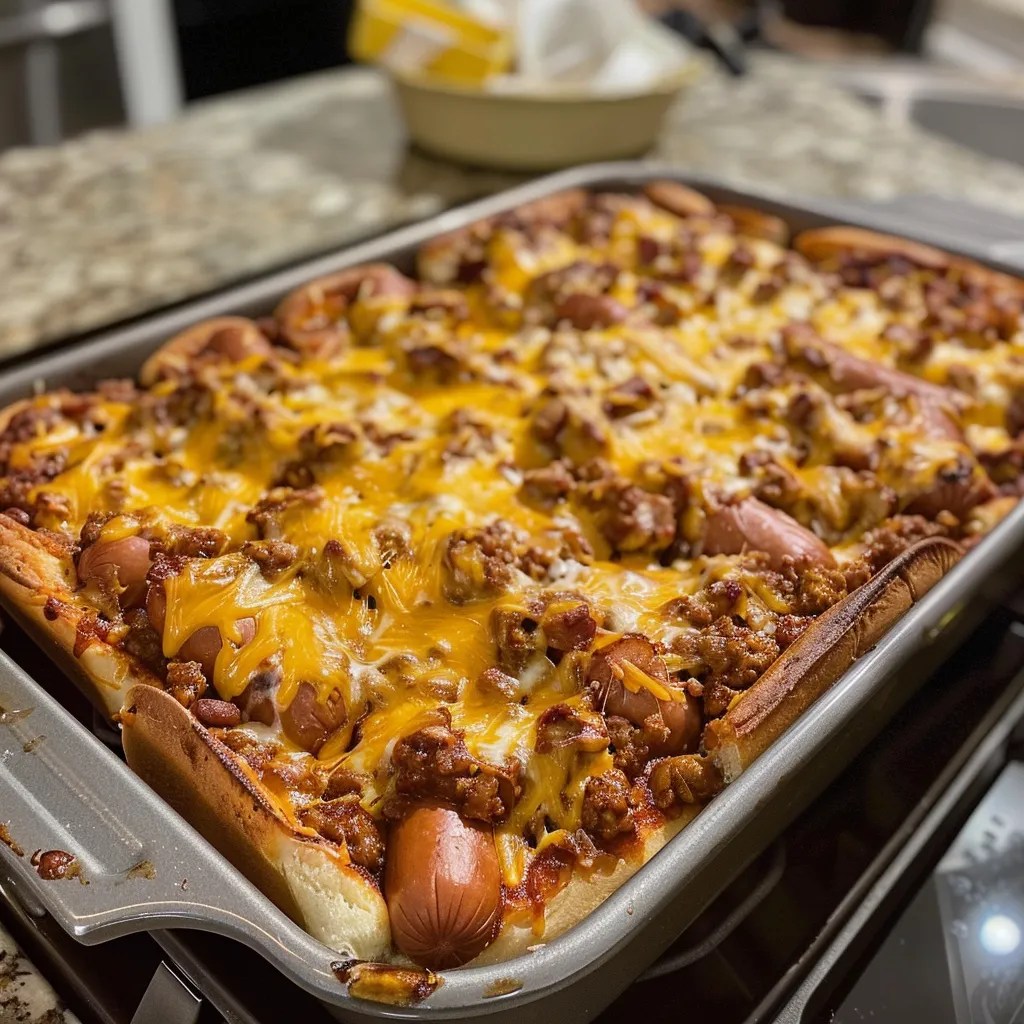 A pan of food with a hot dog and sausage.