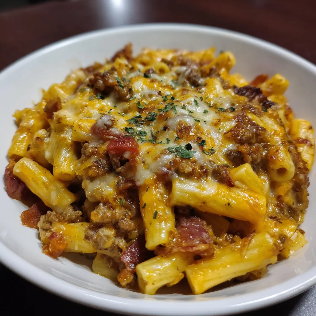 A bowl of pasta with meat and cheese.