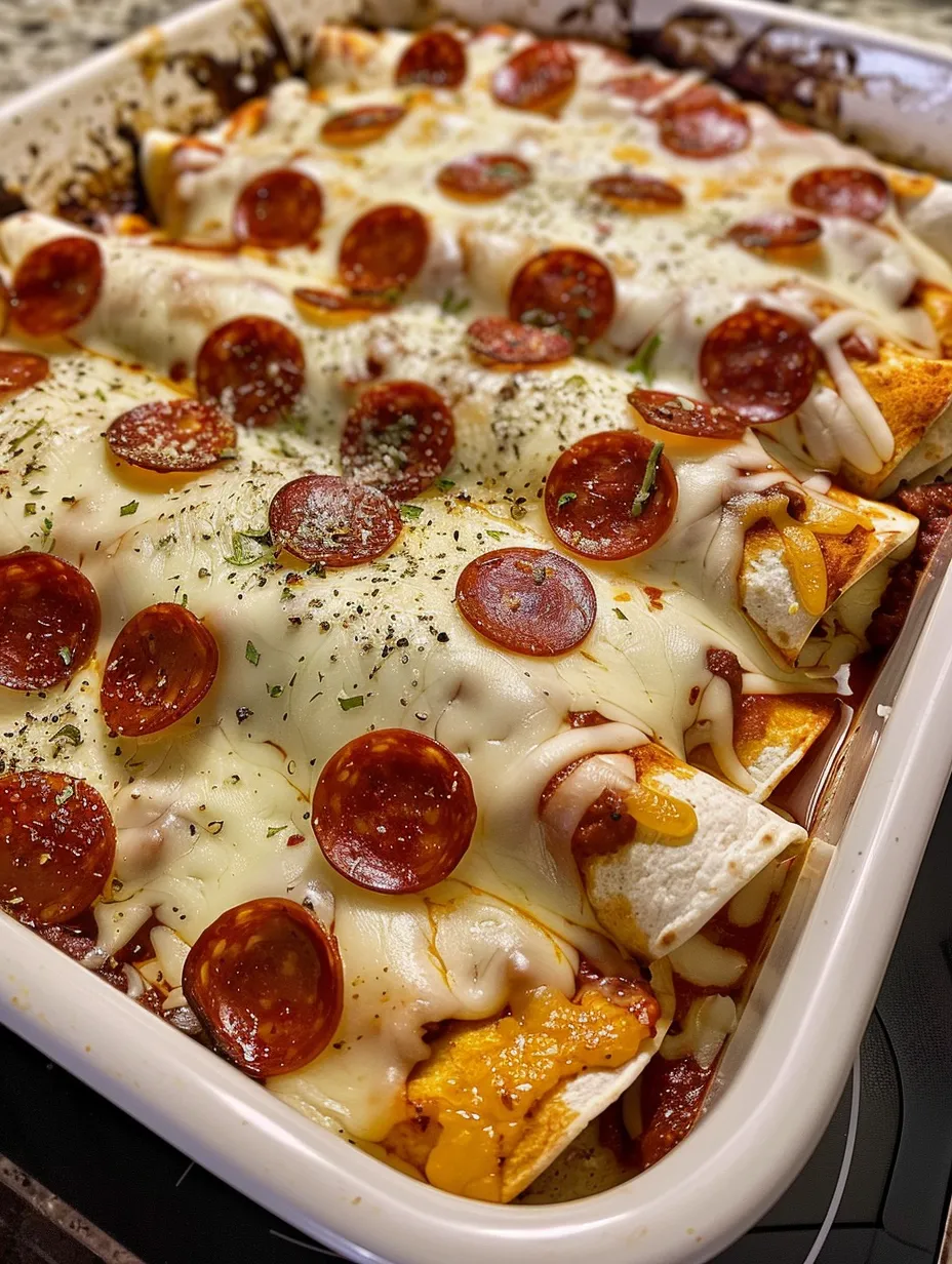 A pan of food with pepperoni and cheese.