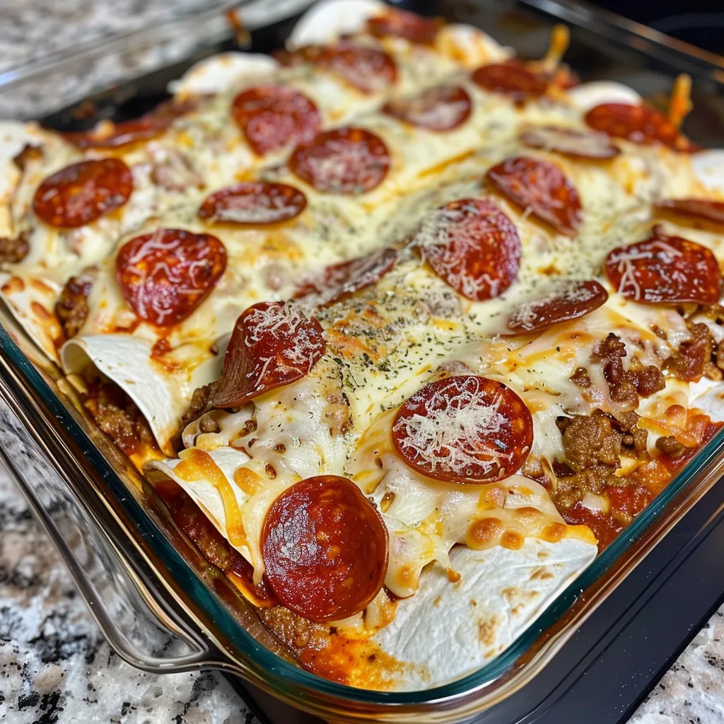 A pan of pepperoni and cheese lasagna.