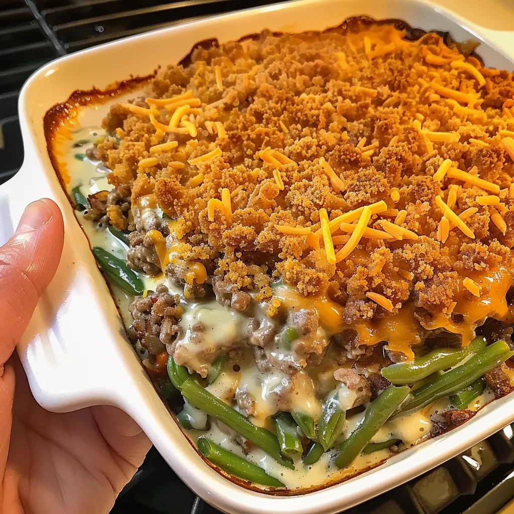 A hand holding a white bowl with a casserole in it.