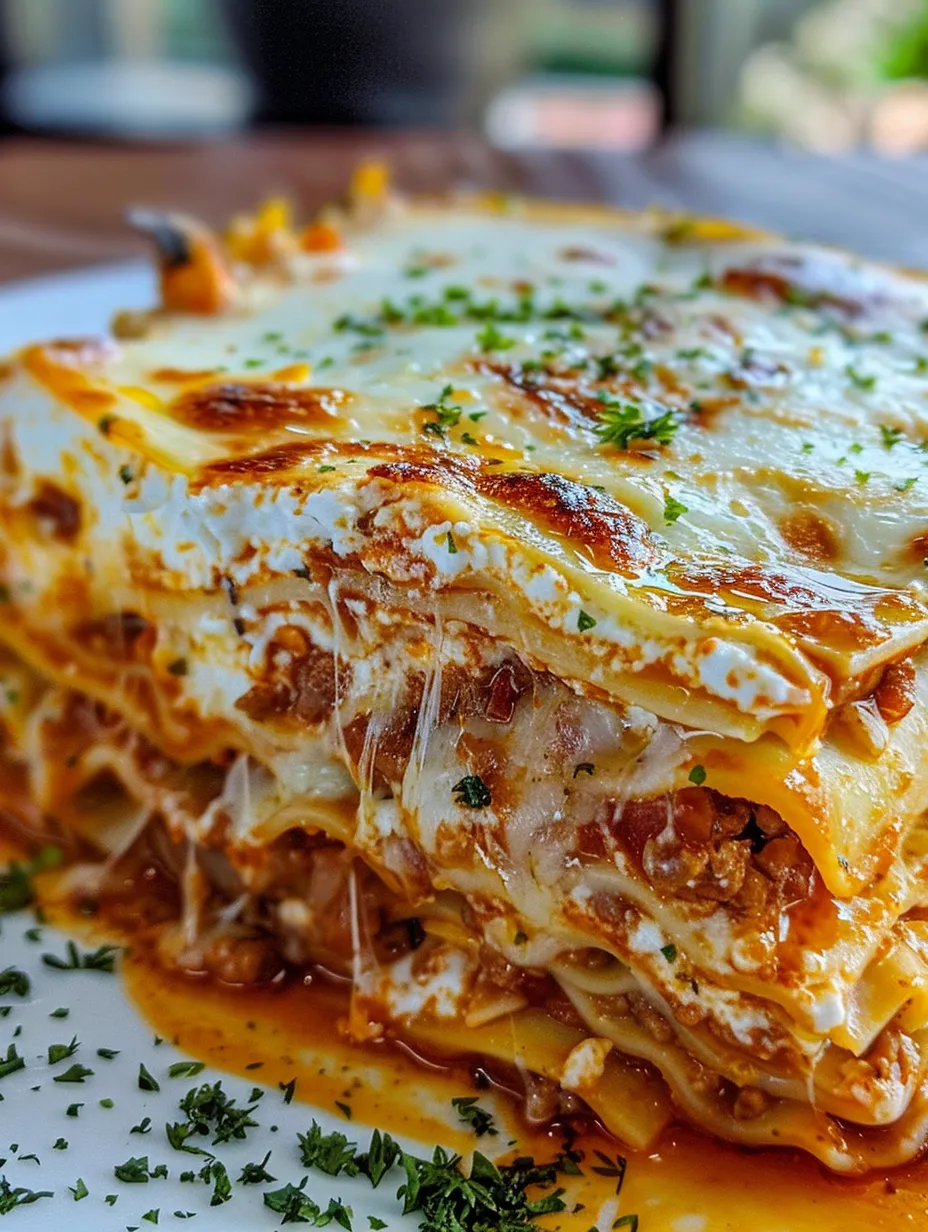A close up of a lasagna with cheese and herbs.