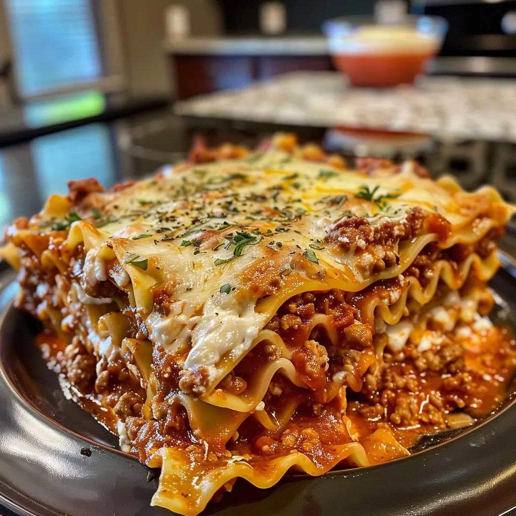 A plate of lasagna with cheese and meat.