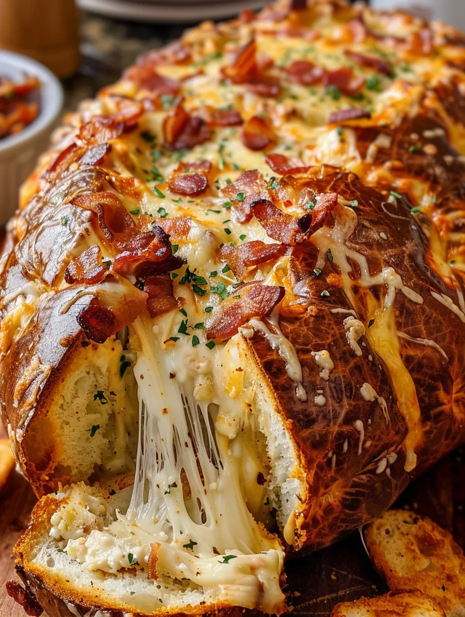 A cheesy bacon wrapped bread.