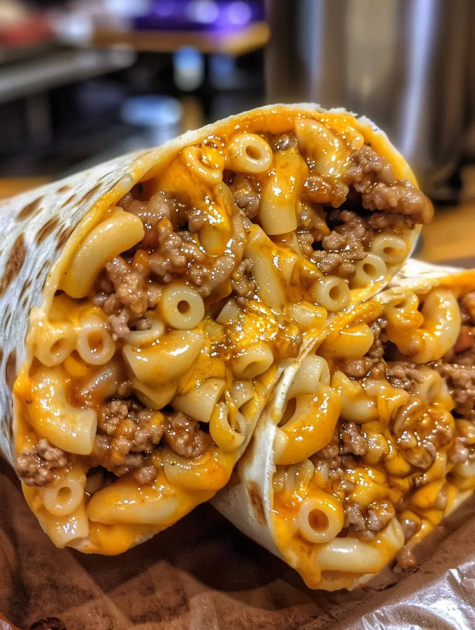A burrito with macaroni and cheese.