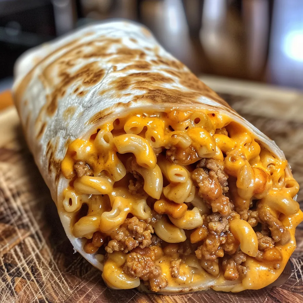 A burrito with macaroni and meat.