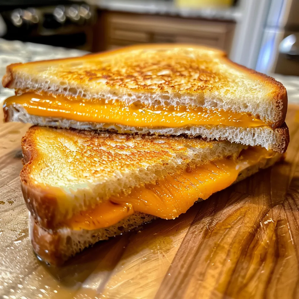 A slice of cheese sandwich on a cutting board.