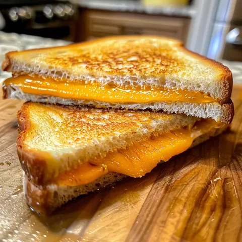A slice of cheese sandwich on a cutting board.