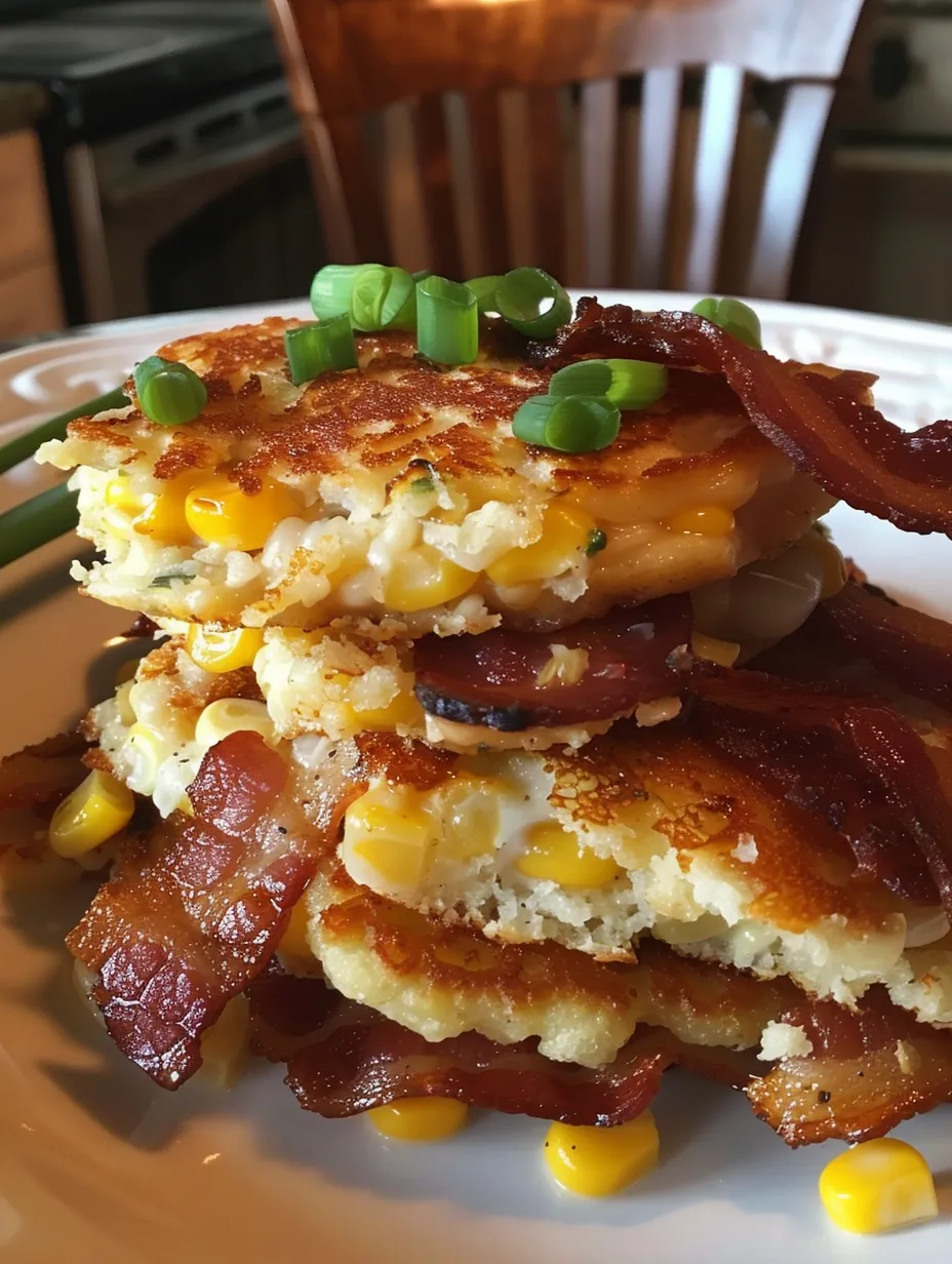 Bacon and corn pancakes stacked on a plate.