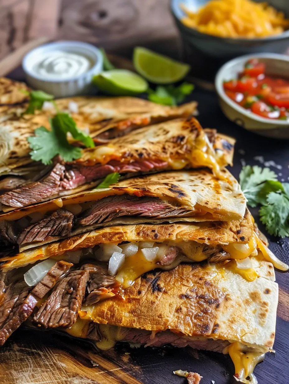 A stack of steak sandwiches with onions and cheese.
