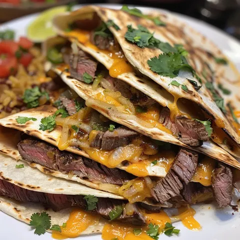A stack of steak tacos with cheese and onions.