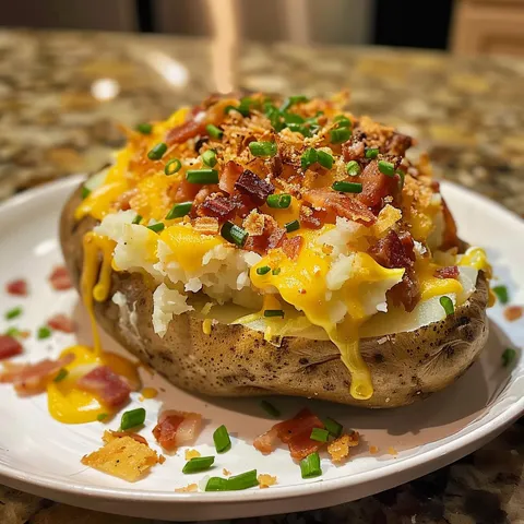 A plate of food with a baked potato topped with cheese and bacon.