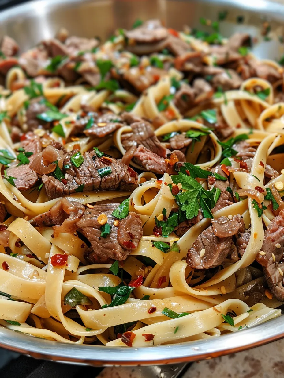 A plate of pasta with meat and vegetables.