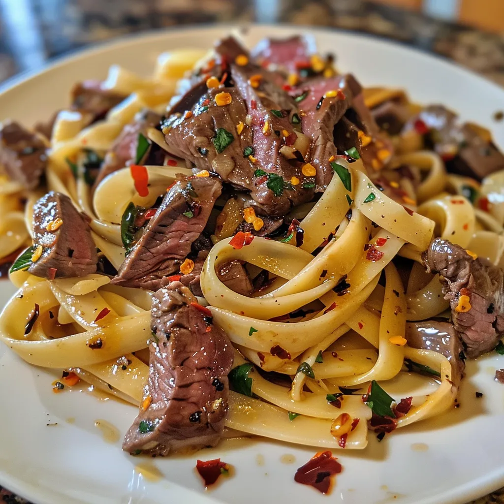A plate of pasta with meat on top.