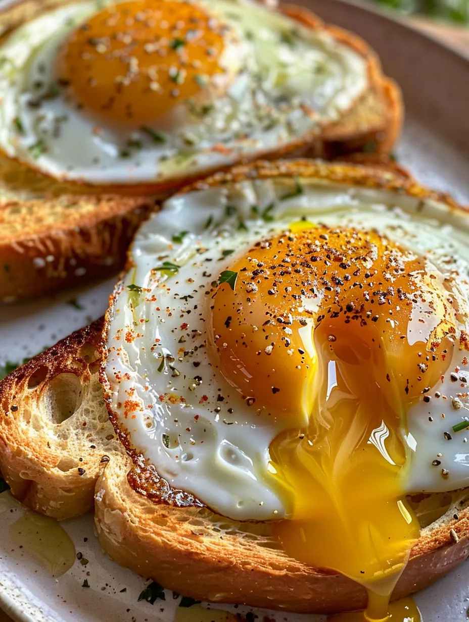 Two pieces of toast with eggs on top.