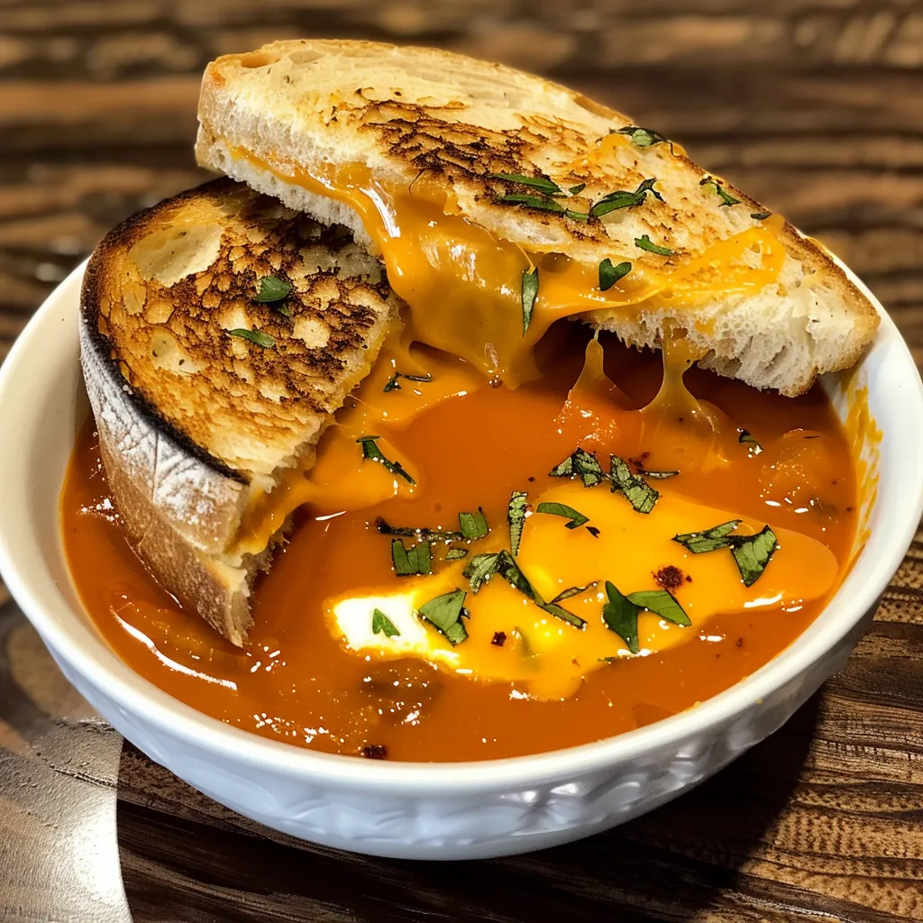 A bowl of soup with a sandwich cut in half on top.