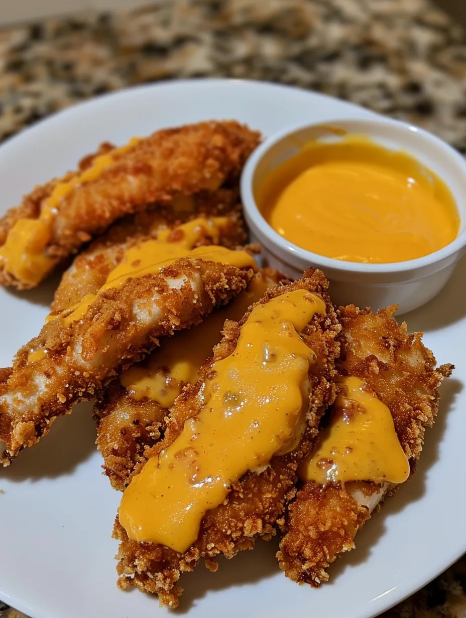 A plate of fried chicken with a dipping sauce.