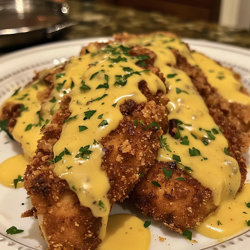 A plate of breaded chicken with a creamy sauce.