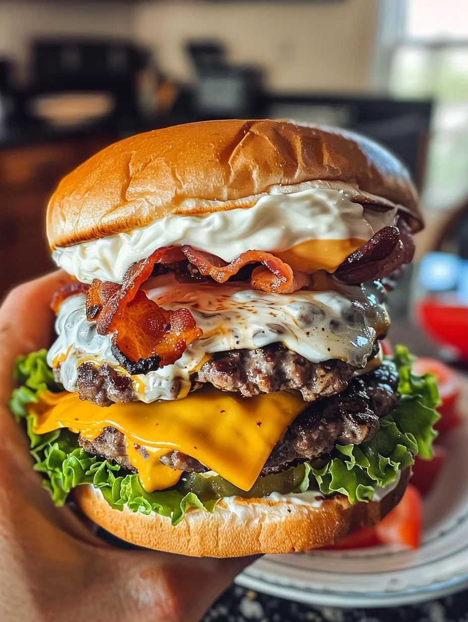 A close up of a burger with bacon and cheese.
