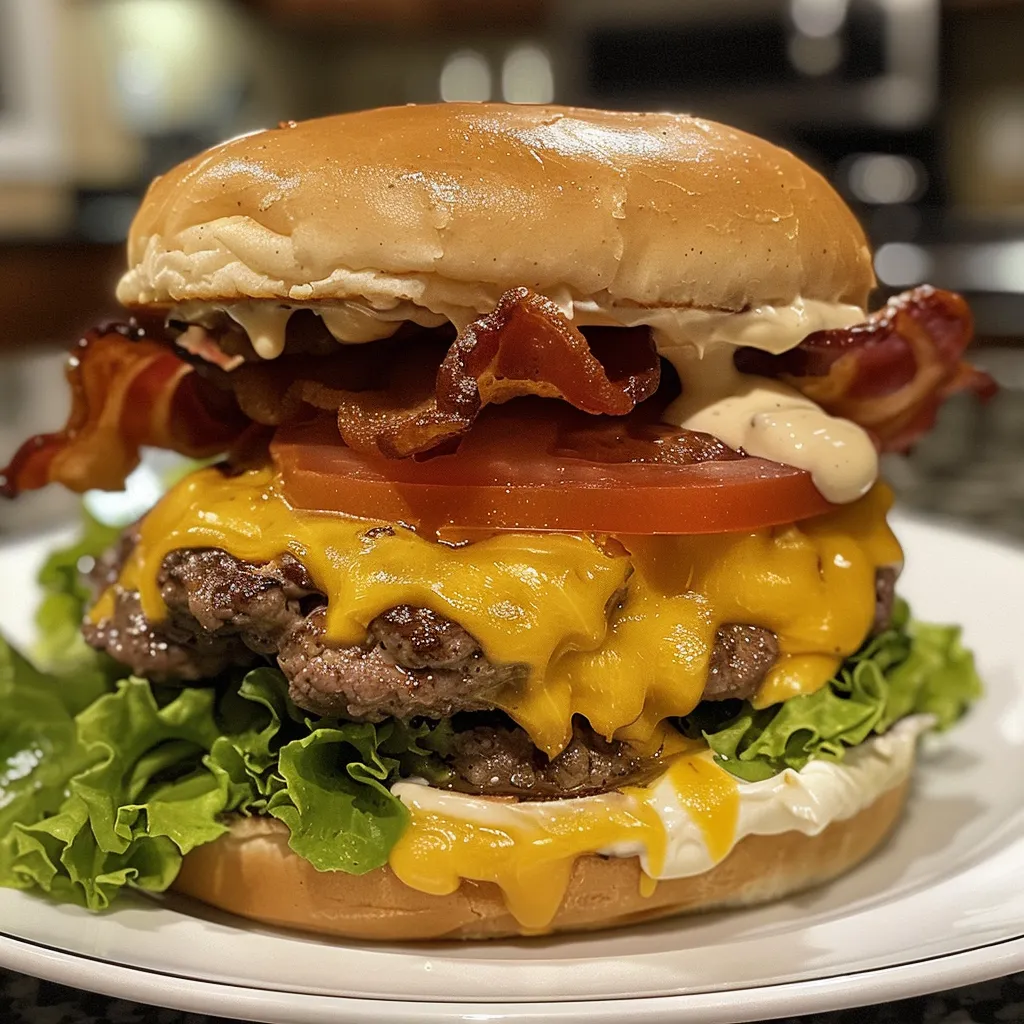 A large bacon cheeseburger with tomatoes and lettuce.