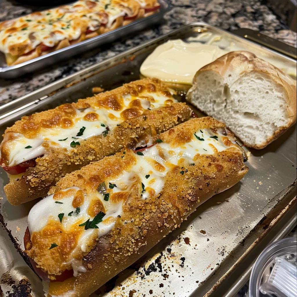 A pan of food with a bread roll and a butter knife.