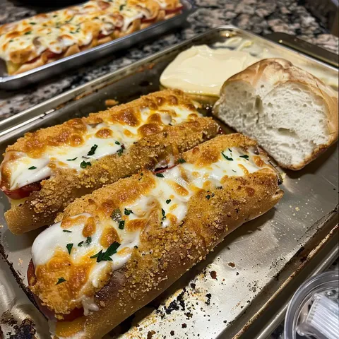 A pan of food with a bread roll and a butter knife.