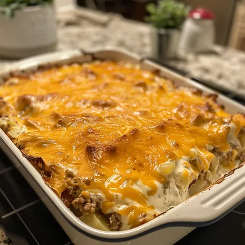 A white and blue dish with a casserole in it.