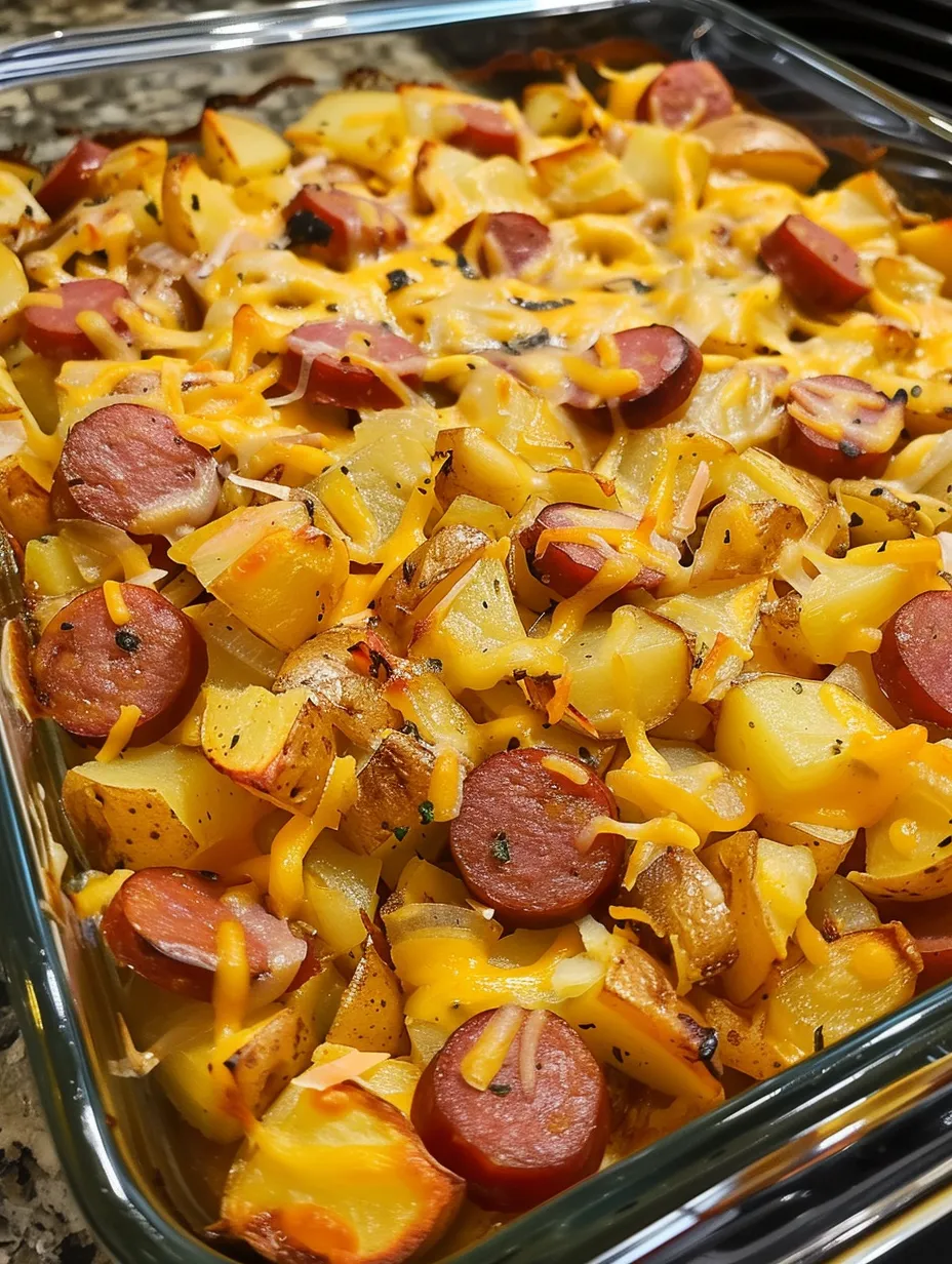 A dish of food with a hot dog and potatoes.