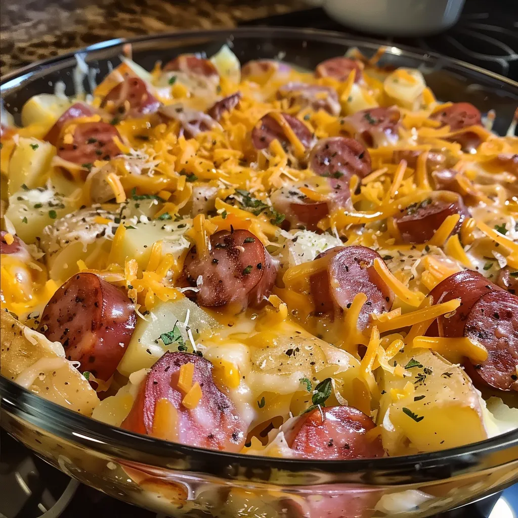 A dish of food with sausage and cheese.