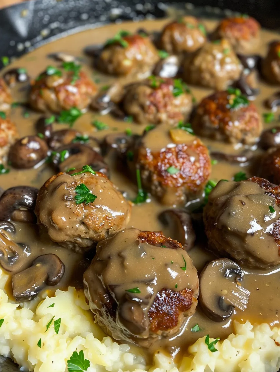 A plate of meatballs covered in gravy.