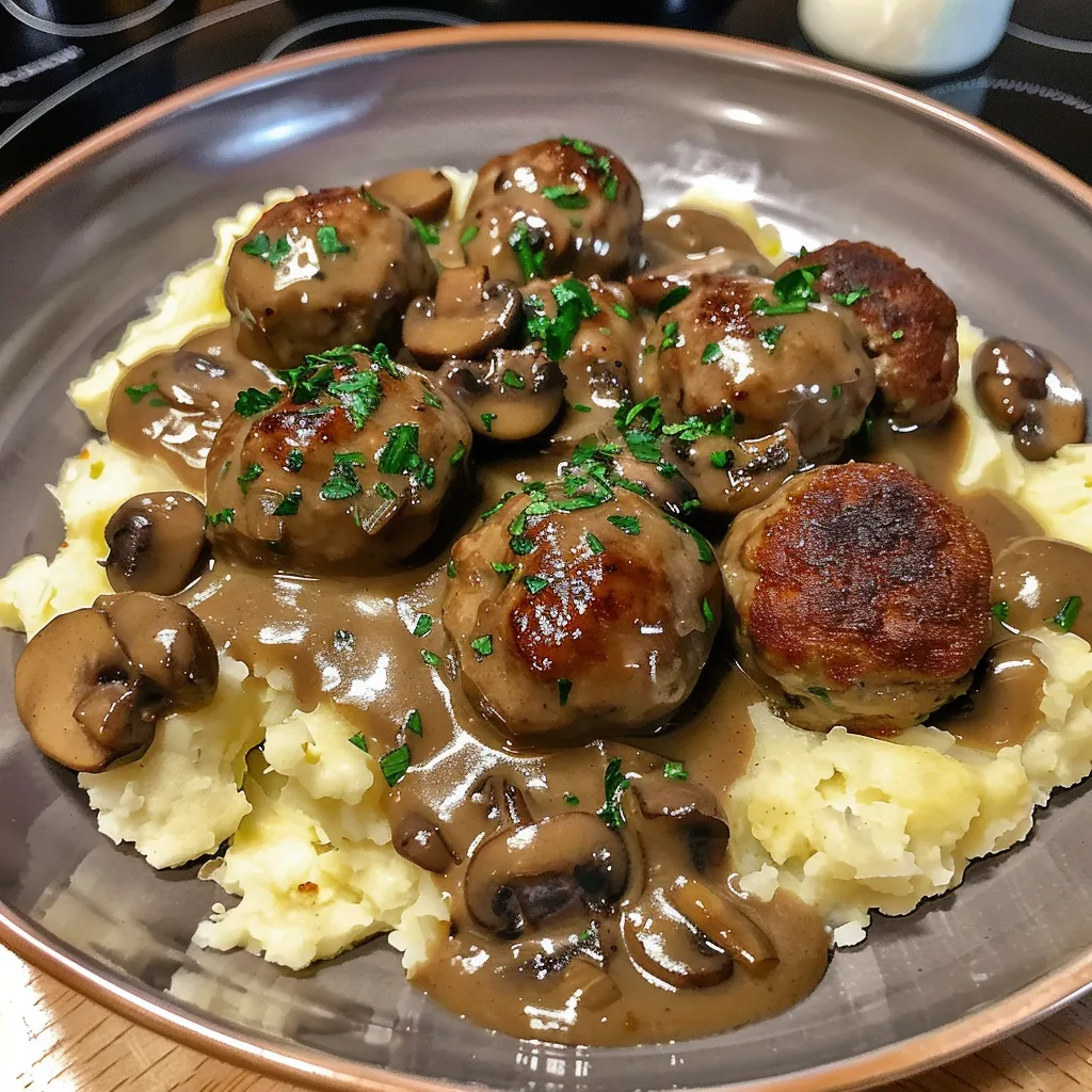 A plate of meatballs covered in gravy.
