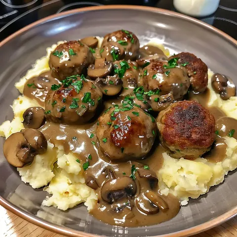A plate of meatballs covered in gravy.