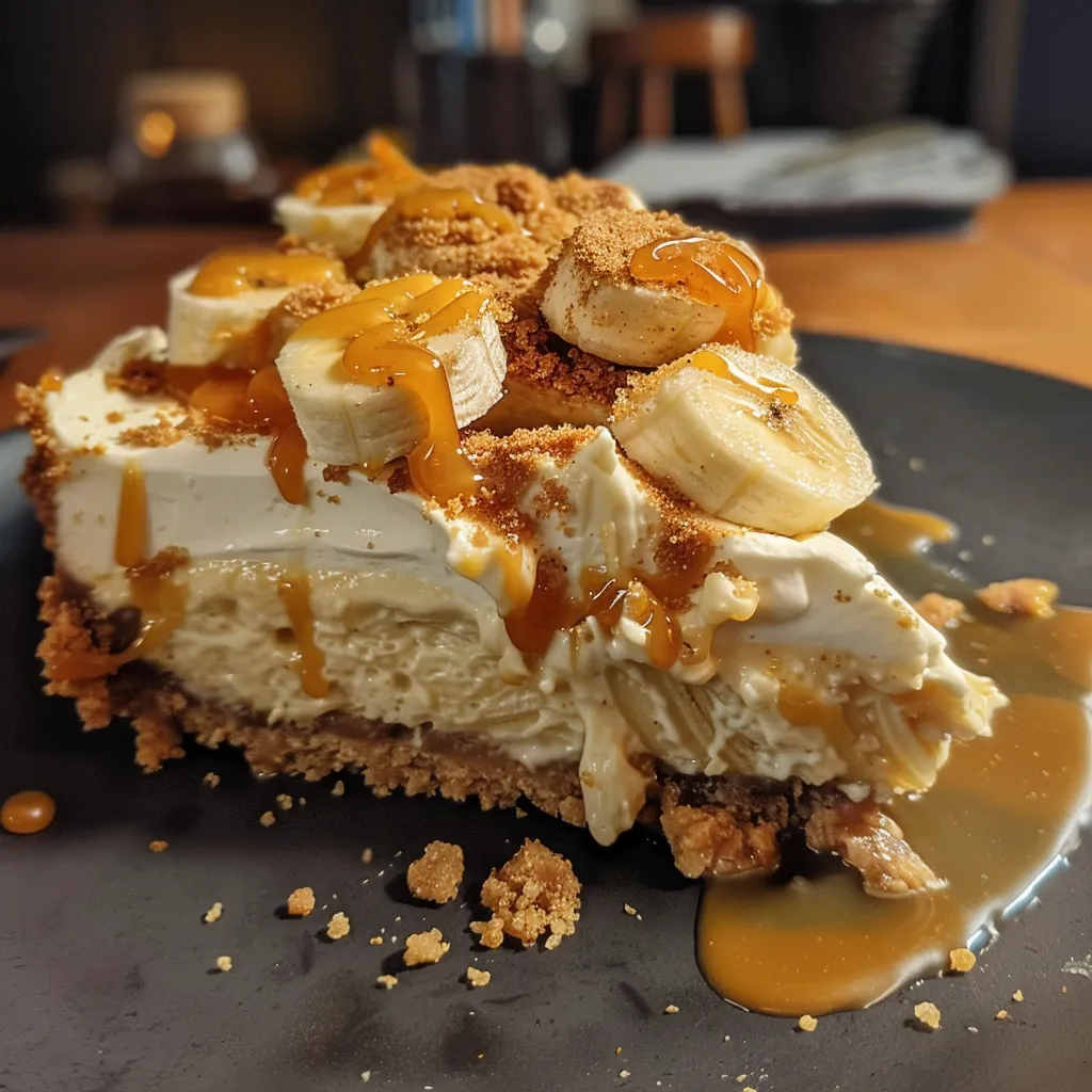 A slice of pie with bananas and caramel.
