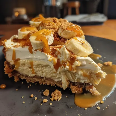 A slice of pie with bananas and caramel.
