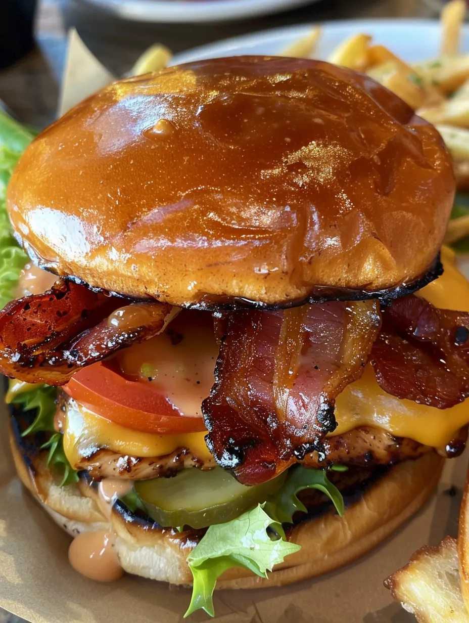 A burger with bacon and tomato.