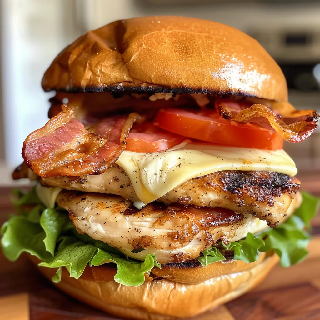 A chicken sandwich with bacon, tomato, lettuce and cheese.