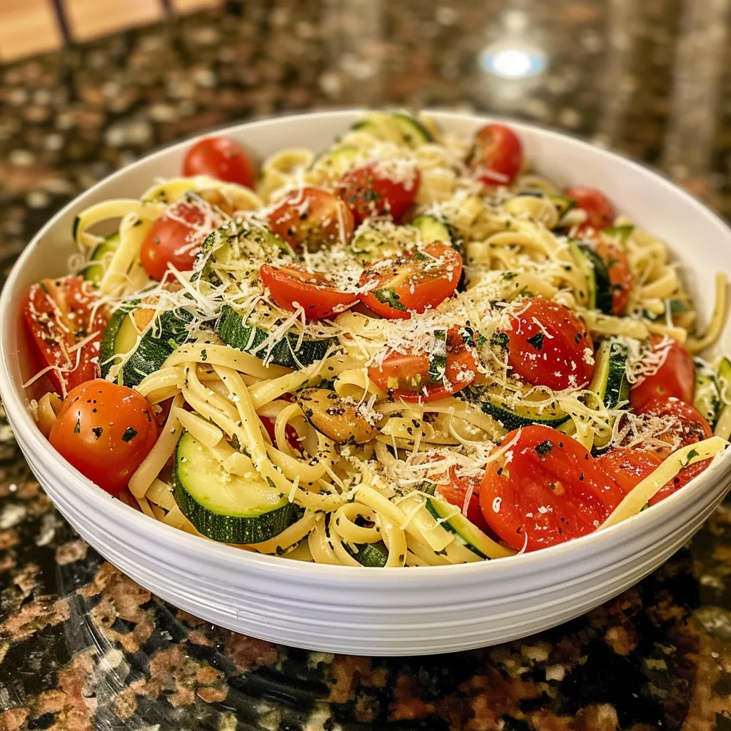 A bowl of pasta with tomatoes, zucchini, and cheese.